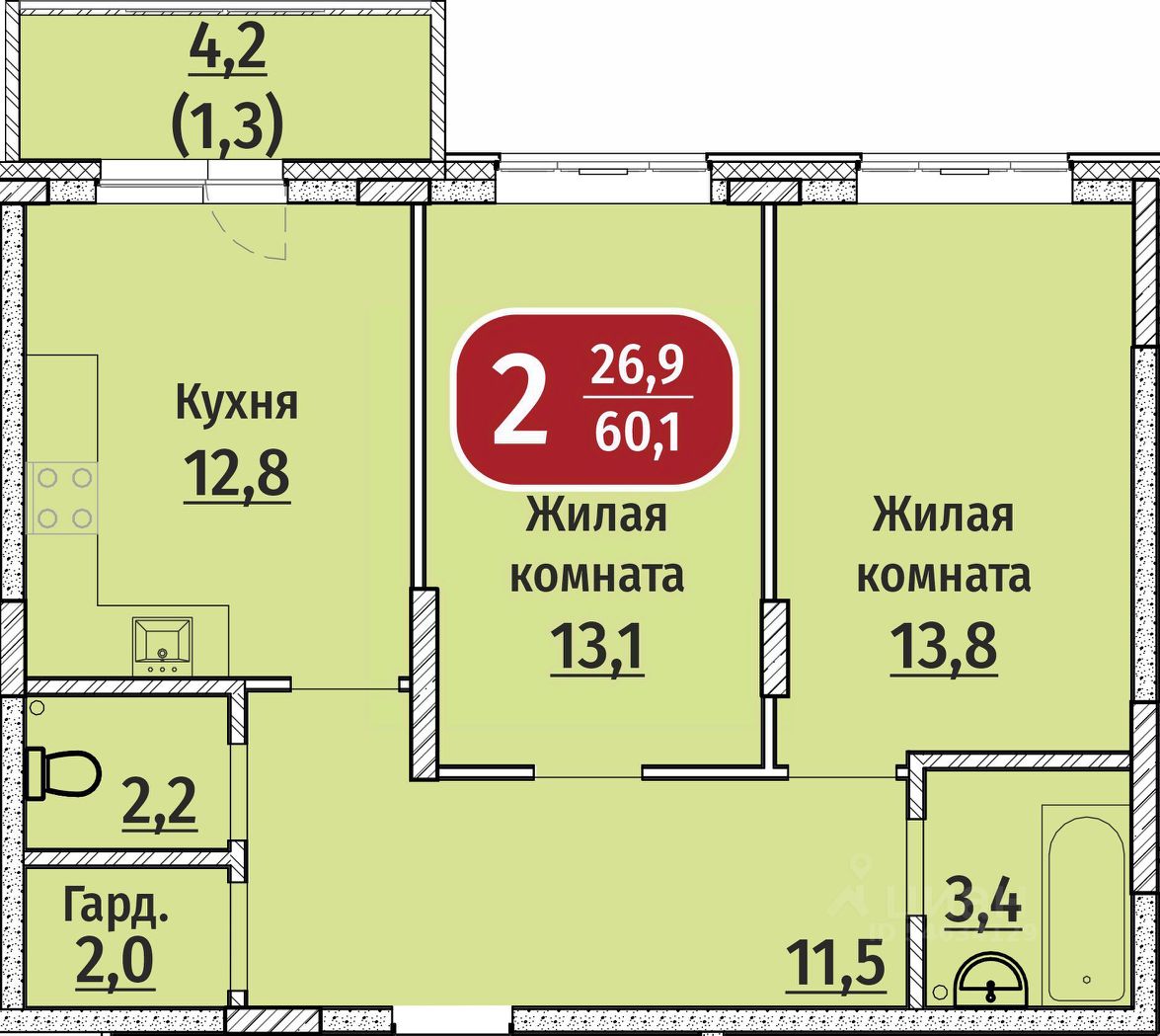 Продаю двухкомнатную квартиру 60,1м² Гражданская ул., поз4, Чебоксары,  Чувашская респ. - база ЦИАН, объявление 300602180