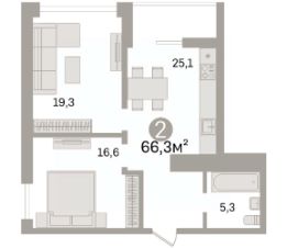 2-комн.кв., 66 м², этаж 13