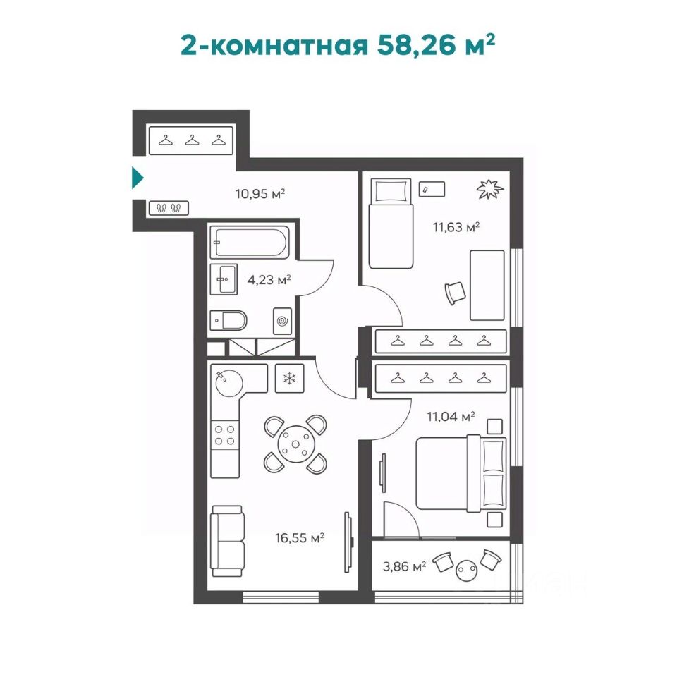 Купить двухкомнатную квартиру 58,3м² Анкудиновское ш., Нижний Новгород,  Нижегородская область, м. Заречная - база ЦИАН, объявление 300687468