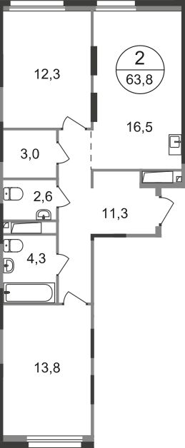 2-комн.кв., 64 м², этаж 19