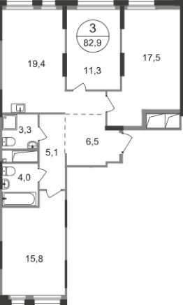 3-комн.кв., 83 м², этаж 3
