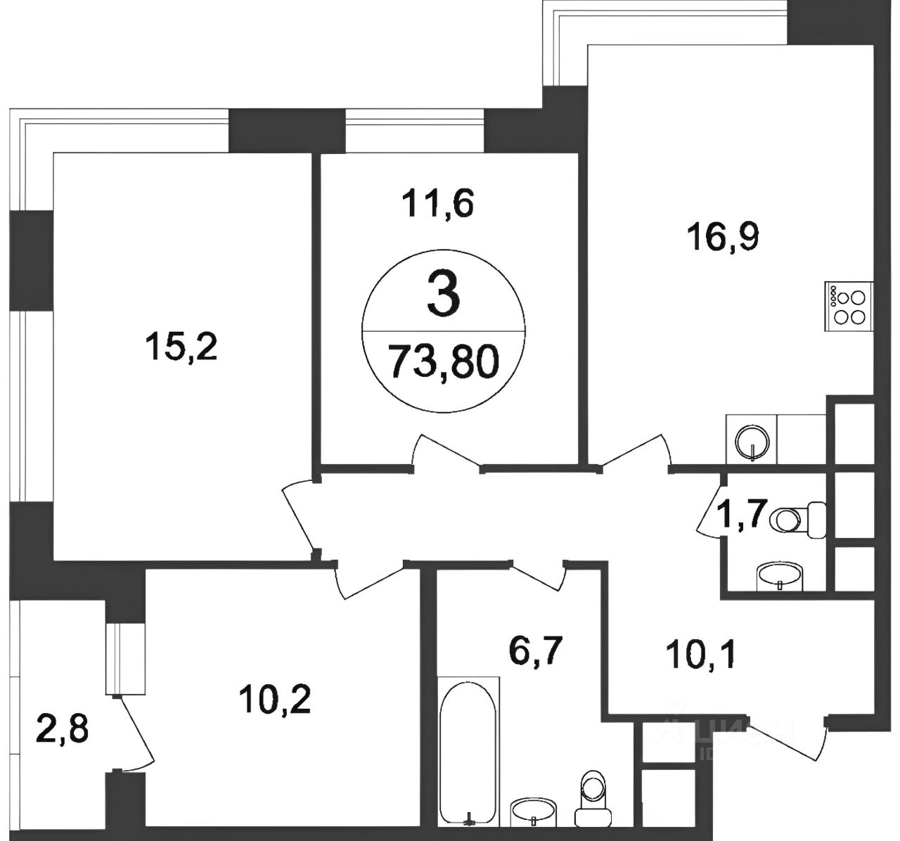 Продажа трехкомнатной квартиры 73,8м² ул. Москвитина, 9к2, Московский,  Московский поселение, м. Рассказовка - база ЦИАН, объявление 300712459