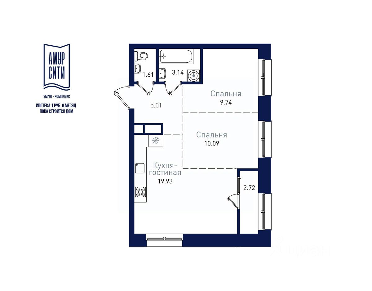 Продажа двухкомнатной квартиры 52,6м² Благовещенск, Амурская область - база  ЦИАН, объявление 287758285