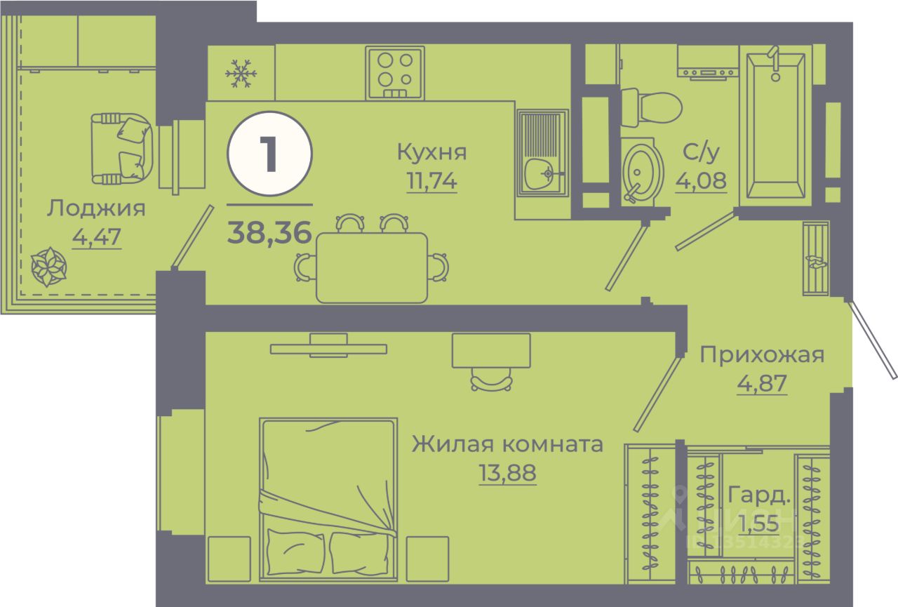 1-комн.кв., 38,1 м², 15/24 этаж