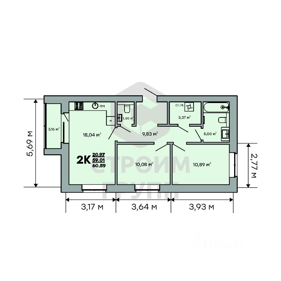 Продажа двухкомнатной квартиры 60,6м² Ковров, Владимирская область,  Ковровский район, Молодежный микрорайон - база ЦИАН, объявление 300834310