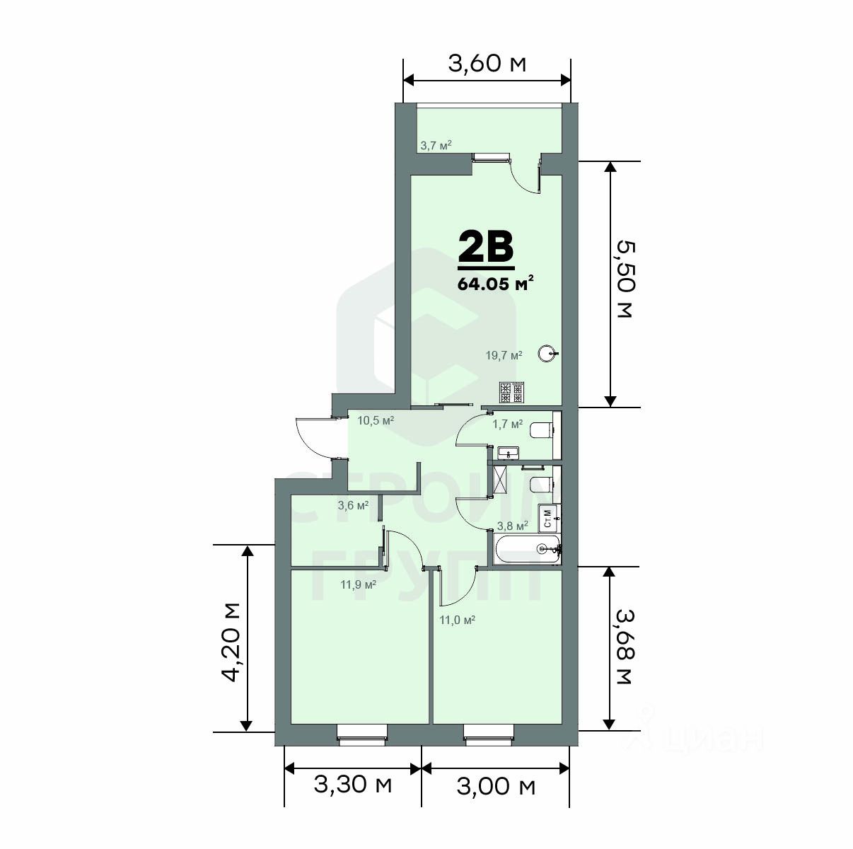 Продажа двухкомнатной квартиры 64,1м² ул. Строителей, 39/3, Ковров,  Владимирская область, Ковровский район - база ЦИАН, объявление 300834364