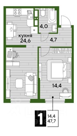 1-комн.кв., 48 м², этаж 13