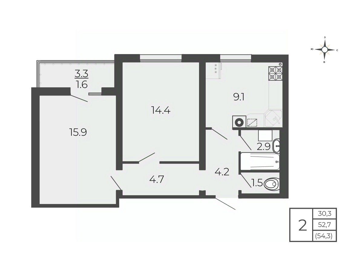 Продается2-комн.квартира,54,3м²