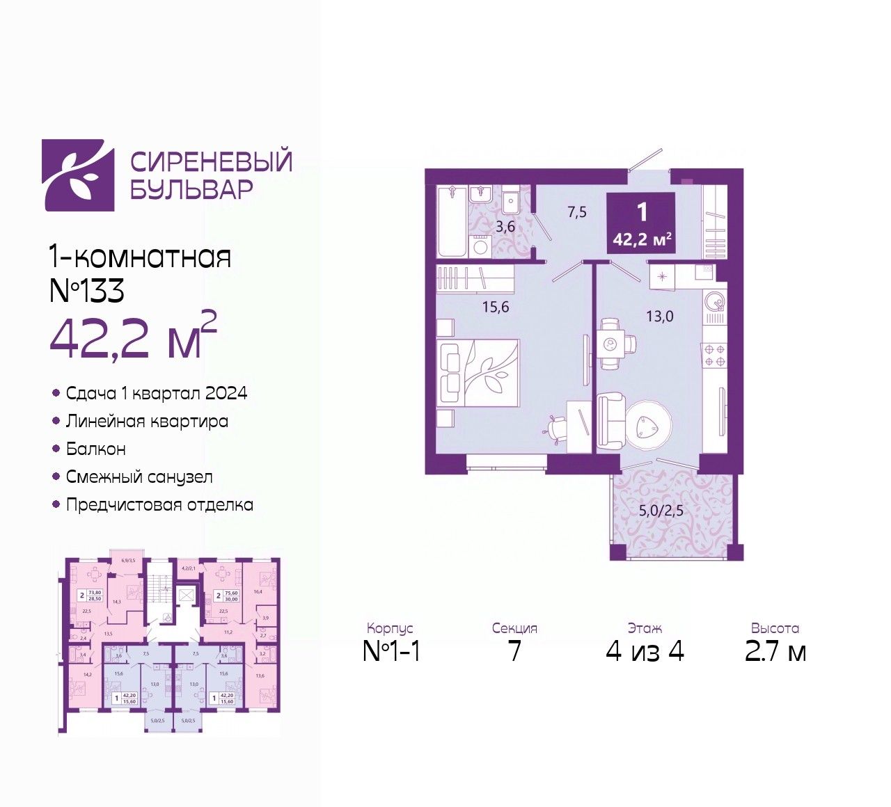 Продаю однокомнатную квартиру 42,5м² Калининград, Калининградская область, Сиреневый  Бульвар жилой комплекс - база ЦИАН, объявление 300899744