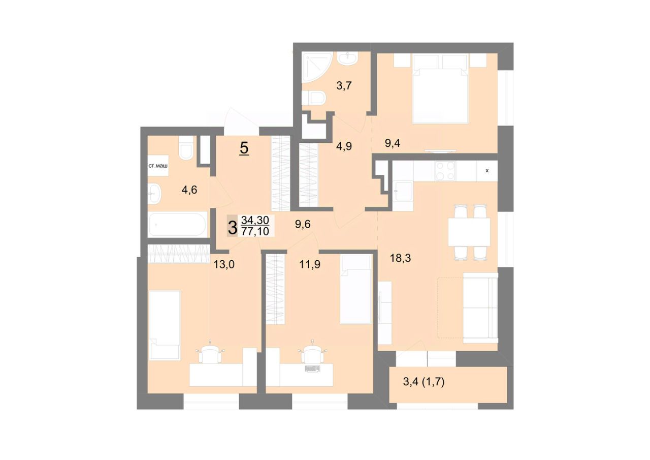 Продается3-комн.квартира,77,1м²