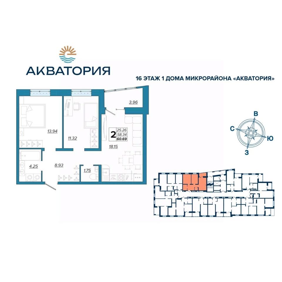 Купить двухкомнатную квартиру 60,5м² Брянск, Брянская область, Московский  микрорайон, Микрорайон Акватория жилой комплекс - база ЦИАН, объявление  300918618