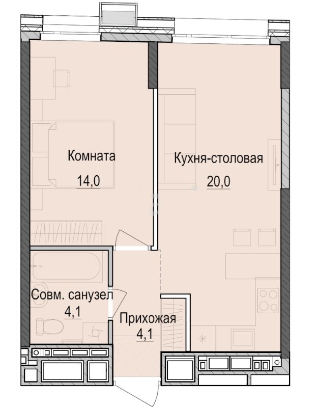 1-комн.кв., 42,2 м², 14/18 этаж