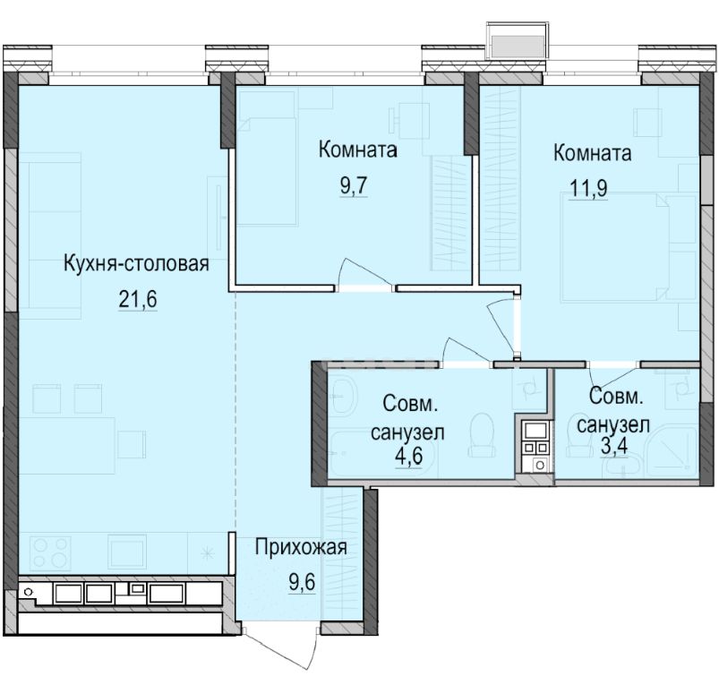 2-комн.кв., 60,5 м², 9/18 этаж