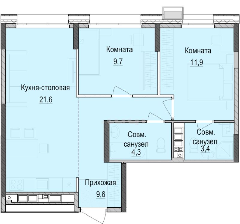 2-комн.кв., 60,3 м², 10/18 этаж