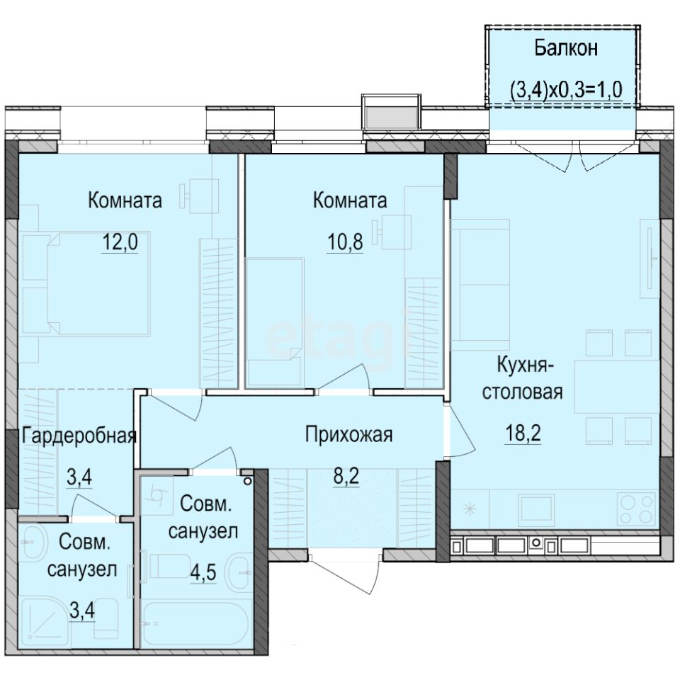 2-комн.кв., 61,1 м², 10/18 этаж