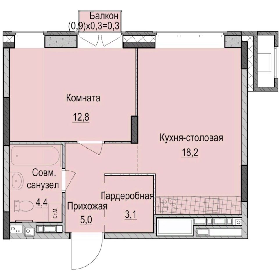 1-комн.кв., 43,7 м², 1/14 этаж