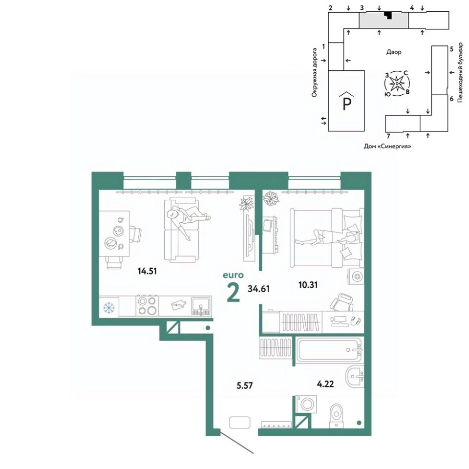 Продажа двухкомнатной квартиры 34,6м² Интернациональная ул., 199к10,  Тюмень, Тюменская область - база ЦИАН, объявление 295663003