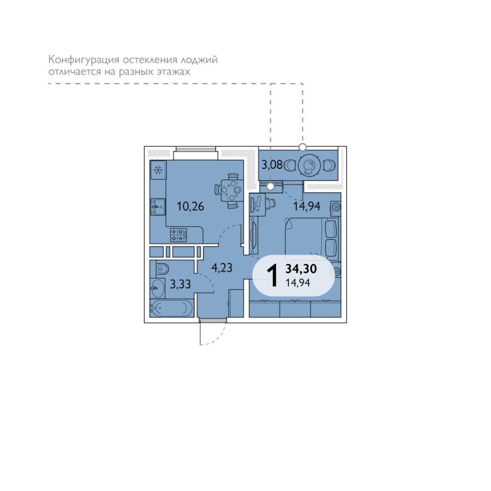 Продаю однокомнатную квартиру 34,3м² просп. Станке Димитрова, Брянск,  Брянская область - база ЦИАН, объявление 300974399