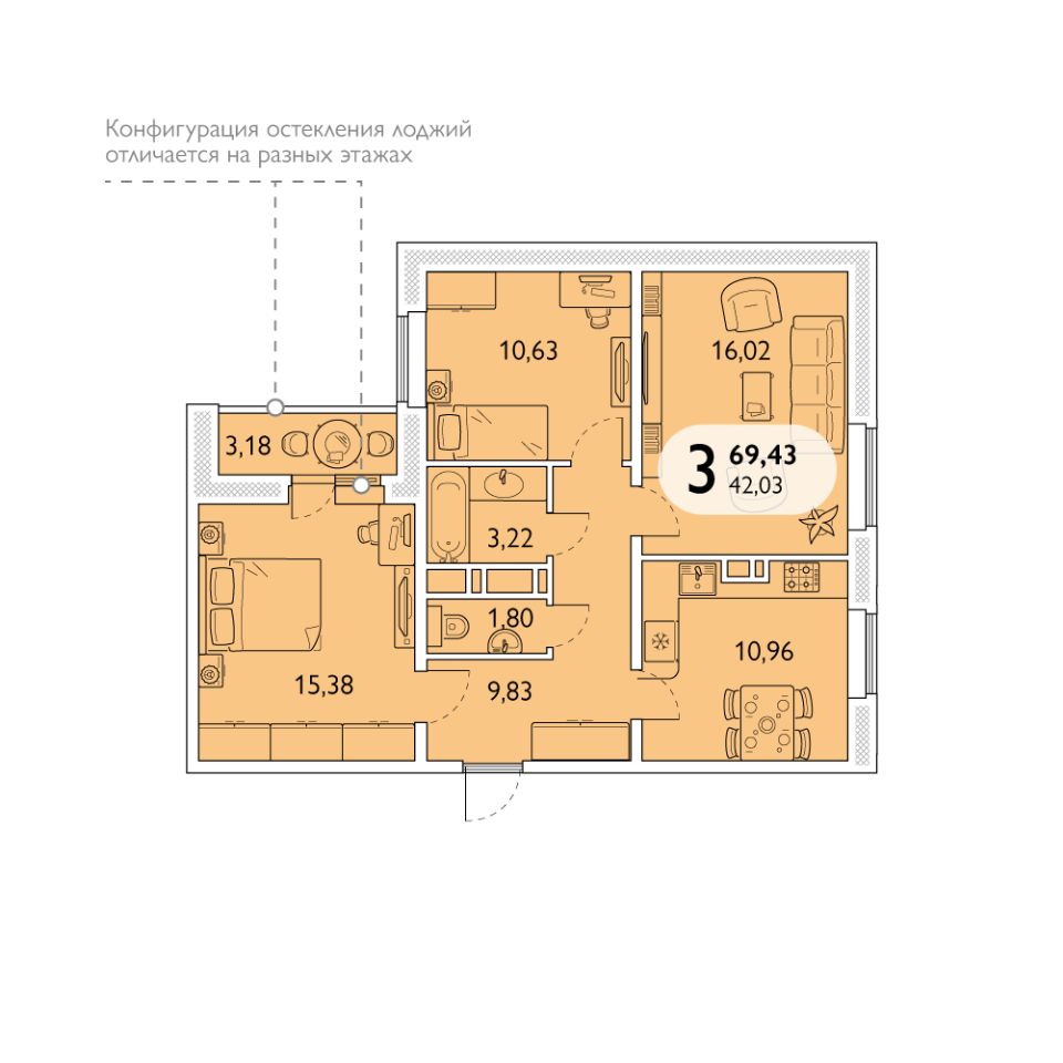 Продажа трехкомнатной квартиры 69,4м² просп. Станке Димитрова, Брянск,  Брянская область - база ЦИАН, объявление 300974356