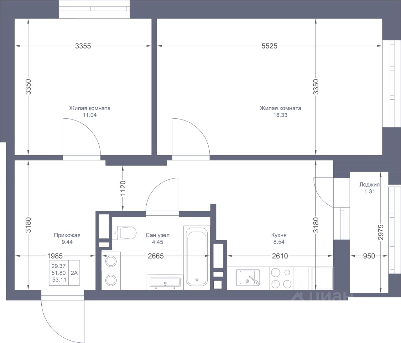 Купить двухкомнатную квартиру 53,1м² ПК1-1, Казань, Татарстан респ., Мой  Ритм жилой комплекс, м. Горки - база ЦИАН, объявление 301019736