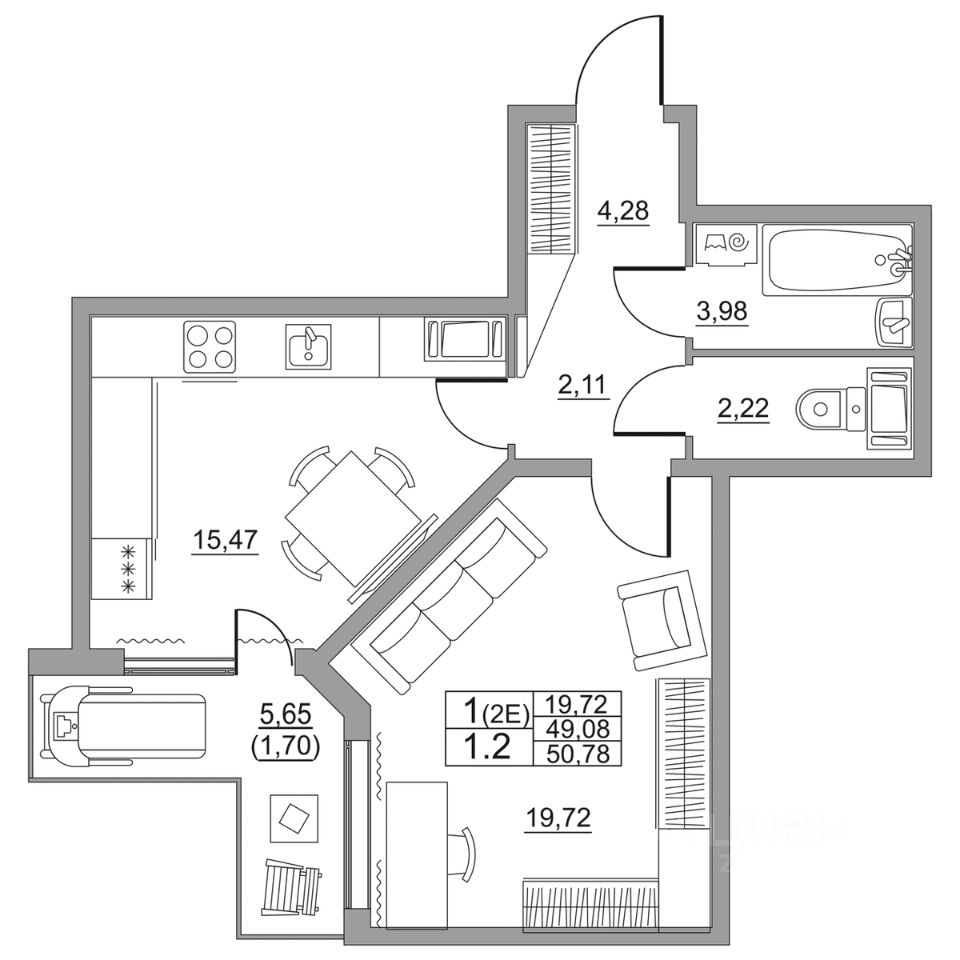 Продаю однокомнатную квартиру 50,8м² Санкт-Петербург, Шушары поселок, Полет  жилой комплекс, м. Шушары - база ЦИАН, объявление 294086753