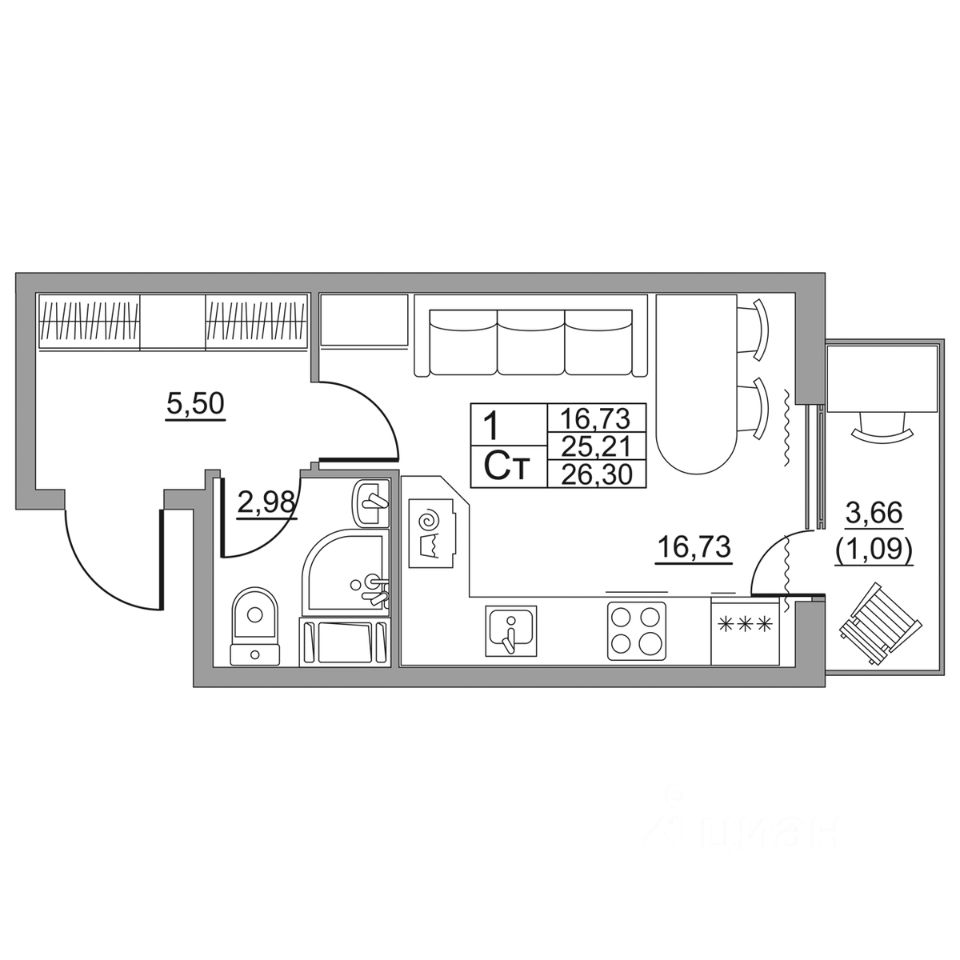 Продаю квартиру-студию 26,3м² Санкт-Петербург, Шушары поселок, Полет жилой  комплекс, м. Шушары - база ЦИАН, объявление 294086798