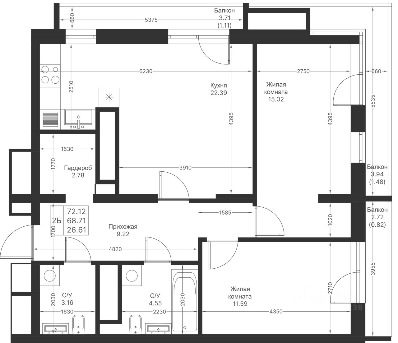 Продаю двухкомнатную квартиру 72,1м² Казань, Татарстан респ., Мой Ритм  жилой комплекс, м. Горки - база ЦИАН, объявление 301111238