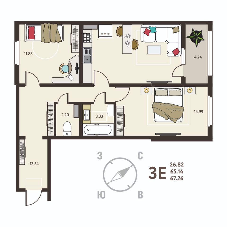 Продажа 2-комнатной квартиры в новостройке, 67.26 кв.м., Липецк, ул.  Механизаторов, 15А