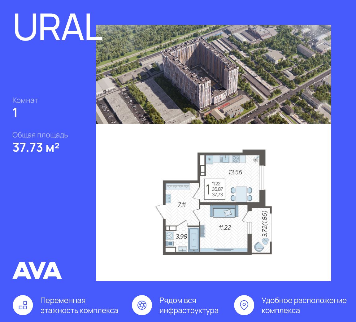 Купить однокомнатную квартиру 37,7м² Уральская ул., 87/7, Краснодар,  Краснодарский край - база ЦИАН, объявление 301514520