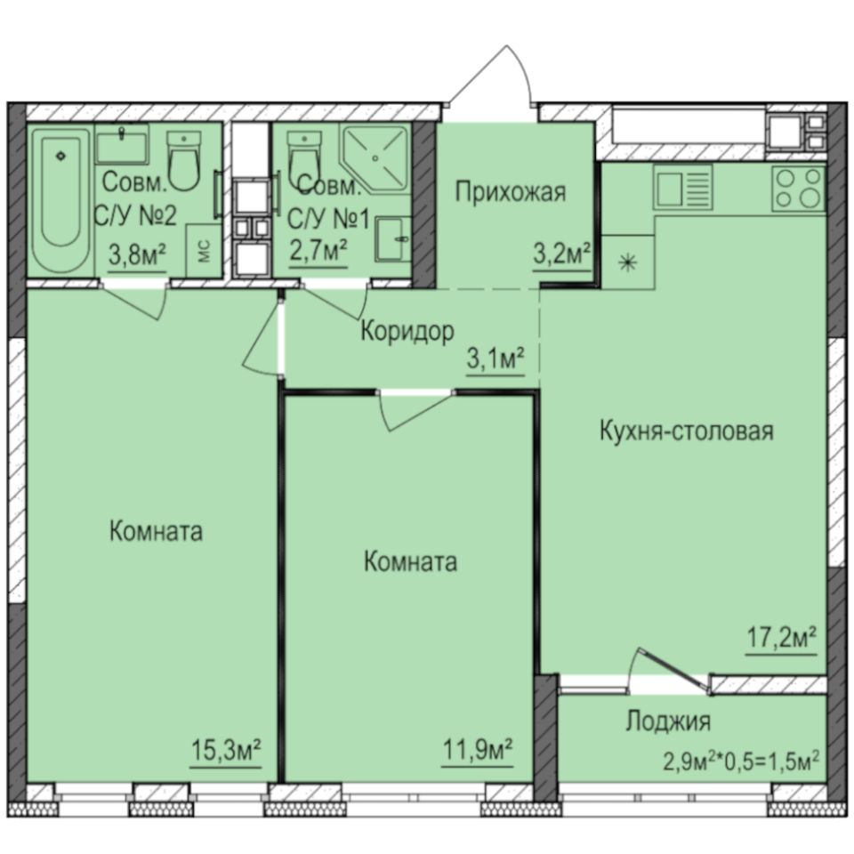 Продаю двухкомнатную квартиру 58,7м² Ижевск, Удмуртская респ., Буммаш жилой  район, Покровский жилой комплекс - база ЦИАН, объявление 301564163