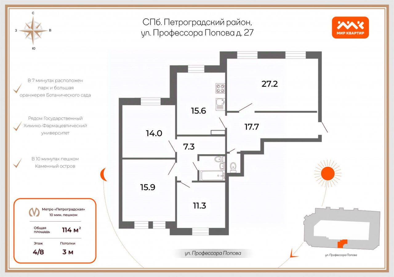 Продаю четырехкомнатную квартиру 114м² ул. Профессора Попова, 27,  Санкт-Петербург, м. Петроградская - база ЦИАН, объявление 301633229