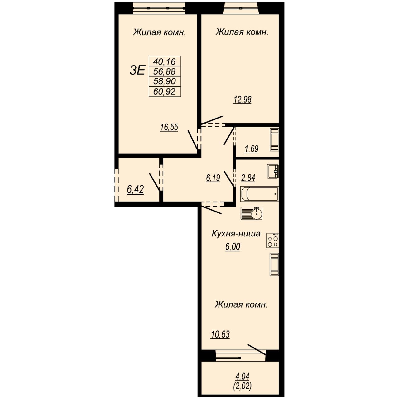 Продажа трехкомнатной квартиры 58,9м² ул. Рокоссовского, Хабаровск,  Хабаровский край, Южный микрорайон - база ЦИАН, объявление 301688236