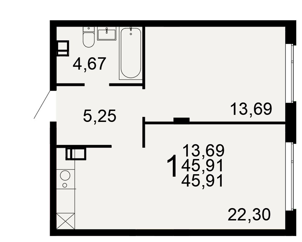 1-комн.кв., 45,9 м², 2/10 этаж