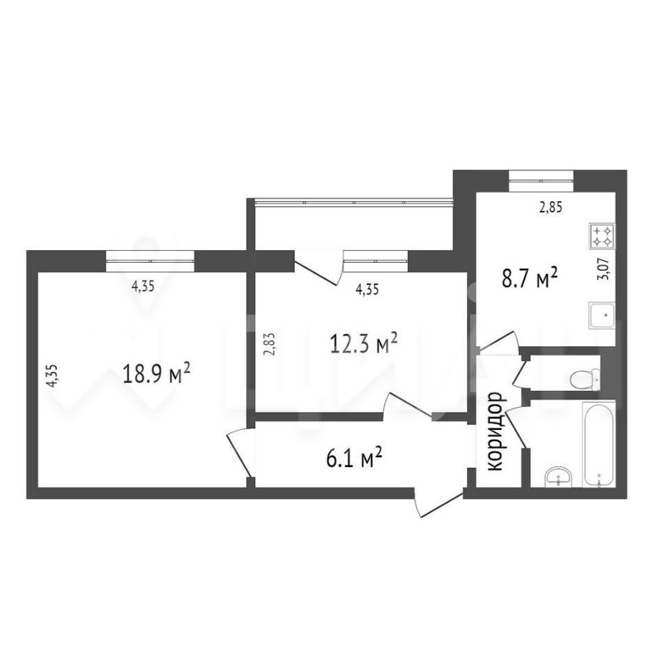 Купить двухкомнатную квартиру 56,7м² 43, Тобольск, Тюменская область, 4-й  микрорайон - база ЦИАН, объявление 301712346