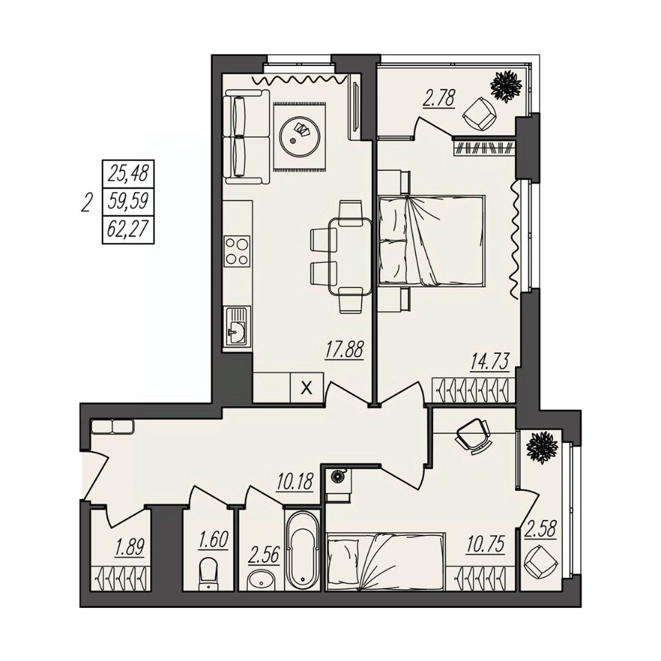 Купить двухкомнатную квартиру 62,3м² ул. Степана Разина, 27/1, Волгоград,  Волгоградская область - база ЦИАН, объявление 301954773