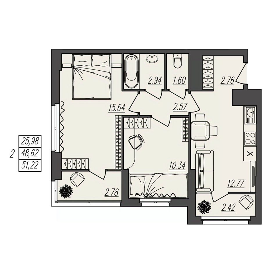 Купить двухкомнатную квартиру 51,2м² ул. Степана Разина, 27/1, Волгоград,  Волгоградская область - база ЦИАН, объявление 301954824