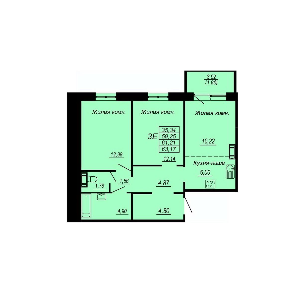 Продажа трехкомнатной квартиры 61,2м² ул. Рокоссовского, Хабаровск,  Хабаровский край, Южный микрорайон - база ЦИАН, объявление 302055655