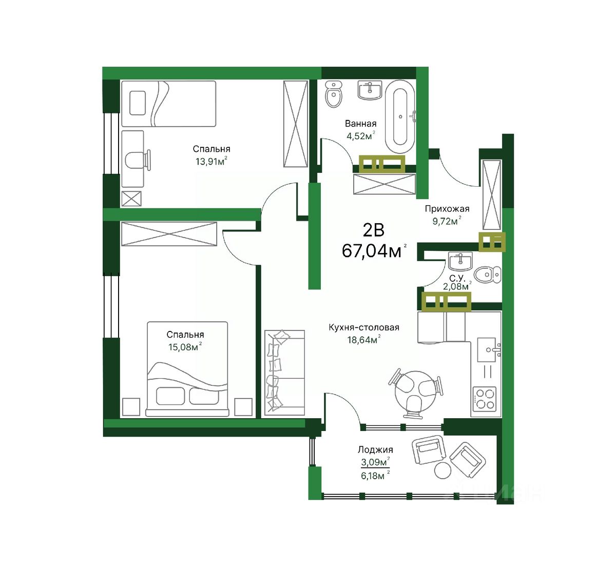 Продажа двухкомнатной квартиры 67м² Тольятти, Самарская область, 11А  квартал - база ЦИАН, объявление 302075917