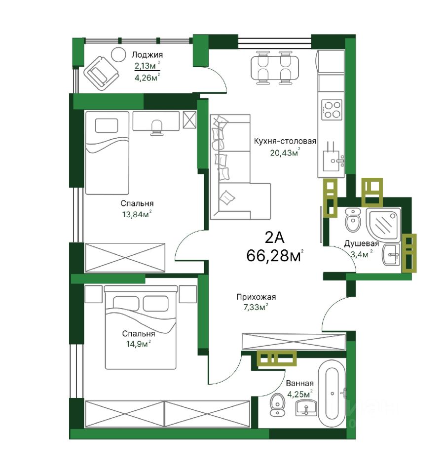 Купить двухкомнатную квартиру 66,3м² Тольятти, Самарская область, 11А  квартал - база ЦИАН, объявление 302075922