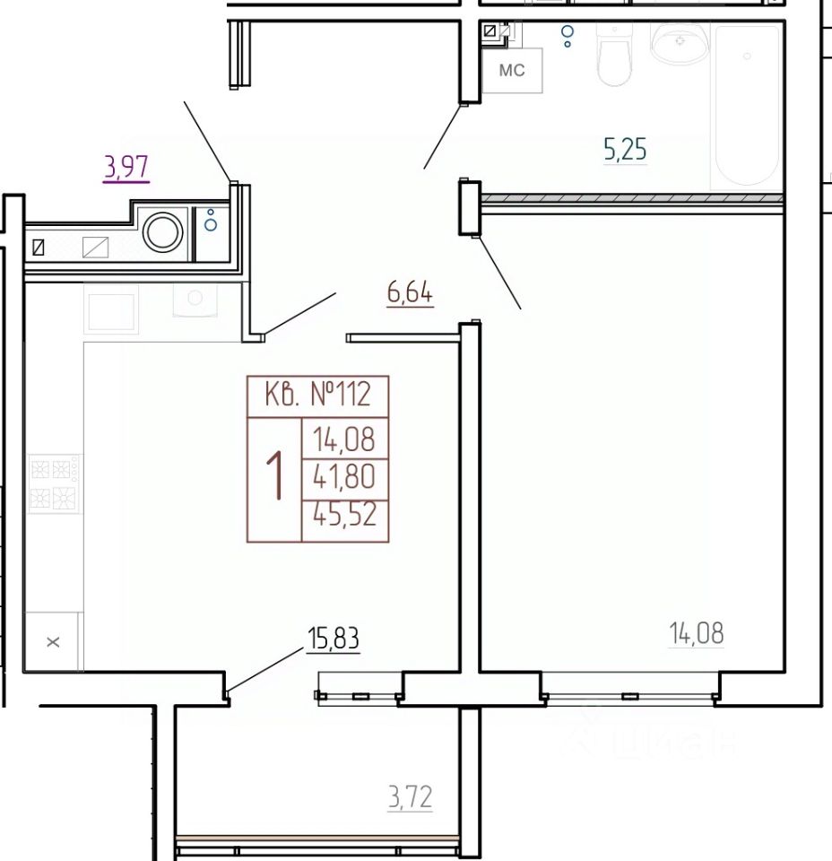 Продажа однокомнатной квартиры 45,5м² ул. Александра Зиновьева, 8, Кострома,  Костромская область - база ЦИАН, объявление 302121256