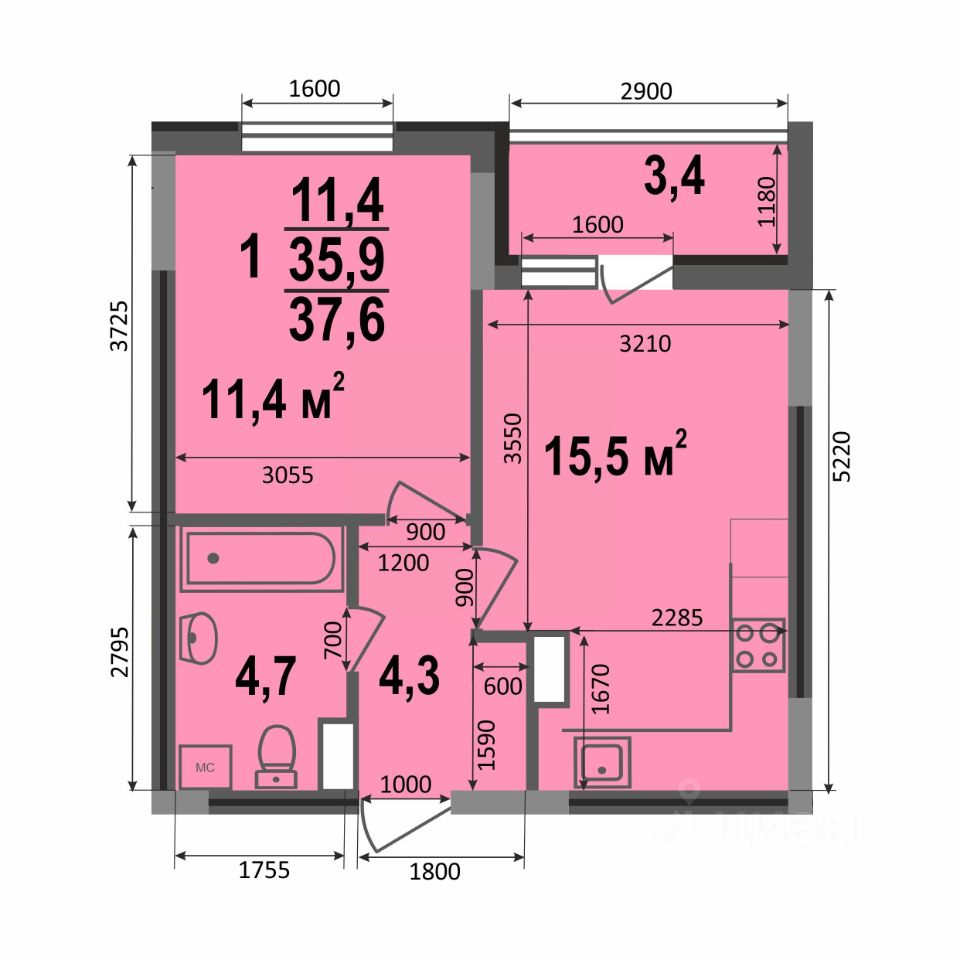 Купить однокомнатную квартиру 37,6м² ул. Смоленская, 3Б, Владимир, Владимирская  область - база ЦИАН, объявление 302140881