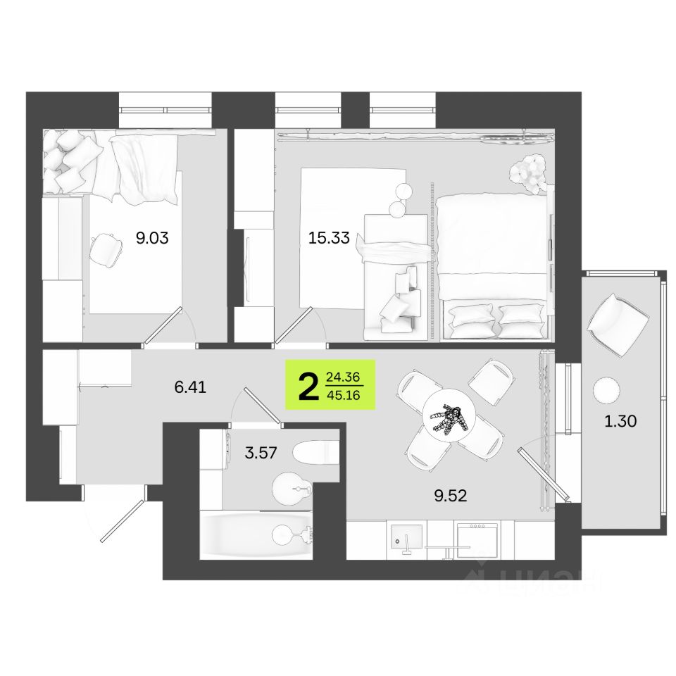 Купить двухкомнатную квартиру 45,2м² ул. Акназарова, 20, Уфа, Башкортостан  респ. - база ЦИАН, объявление 302172045