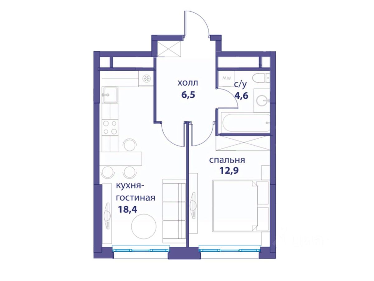 Продажа однокомнатной квартиры 42,3м² Шелепихинская наб., 34к5, Москва, м.  Шелепиха - база ЦИАН, объявление 302147251