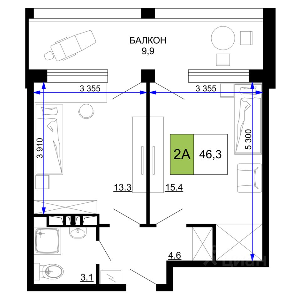 Купить двухкомнатные апартаменты 46,3м² проезд Сосновый, Анапа,  Краснодарский край, Анапский район - база ЦИАН, объявление 302248317