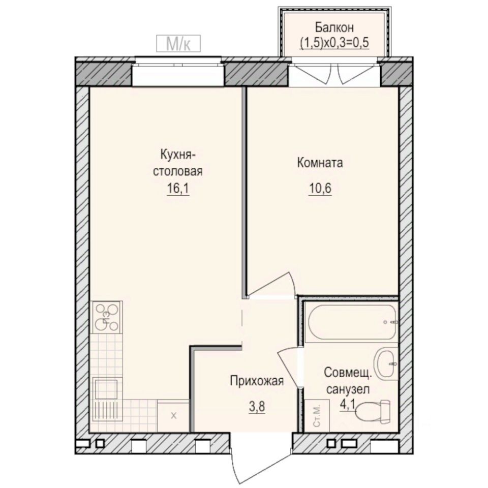 1-комн.кв., 35,1 м², 5/6 этаж
