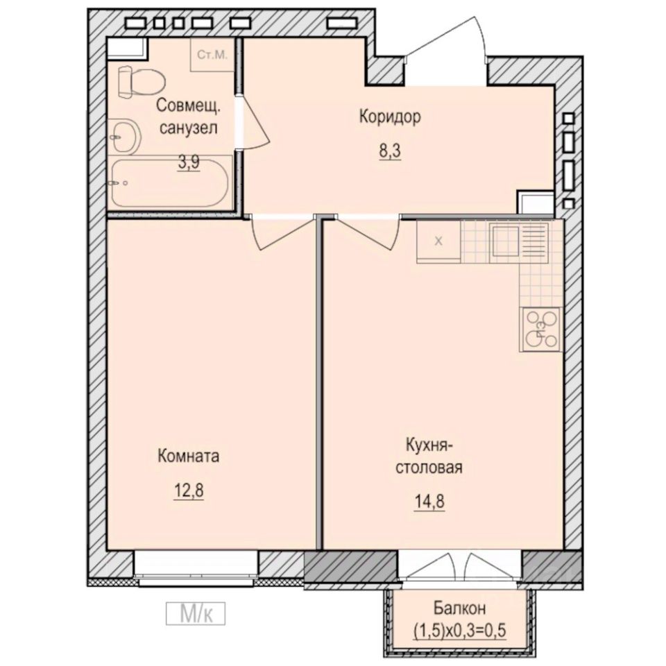 1-комн.кв., 40,3 м², 3/6 этаж