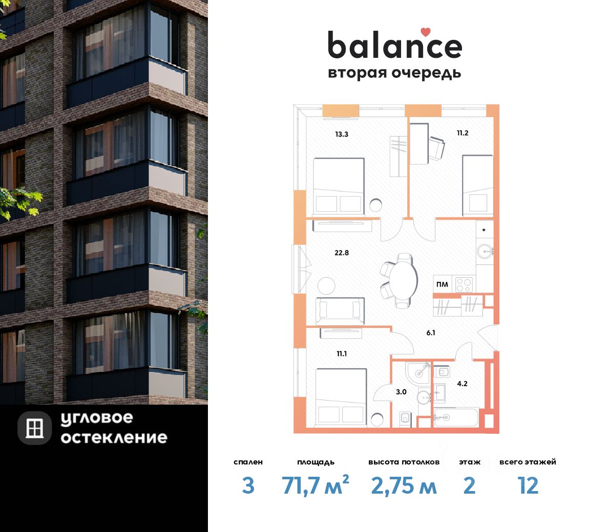 Продажа трехкомнатной квартиры 71,7м² Рязанский просп., Москва, м. Окская -  база ЦИАН, объявление 296871811