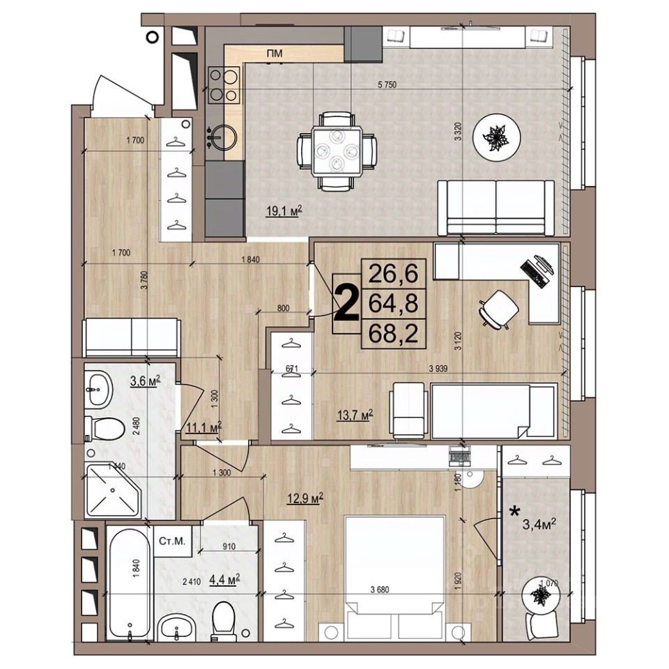 Купить двухкомнатную квартиру 68,2м² ул. Гудкова, 6, Жуковский, Московская  область, Жуковский городской округ, м. Ильинская - база ЦИАН, объявление  302401191