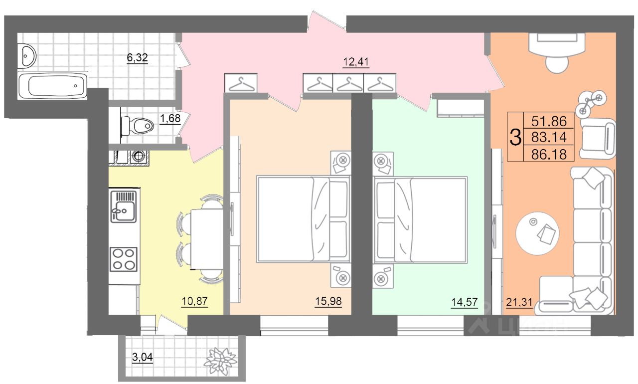 Купить трехкомнатную квартиру 86,3м² Вяземская ул., 34Б, Смоленск,  Смоленская область - база ЦИАН, объявление 302454534