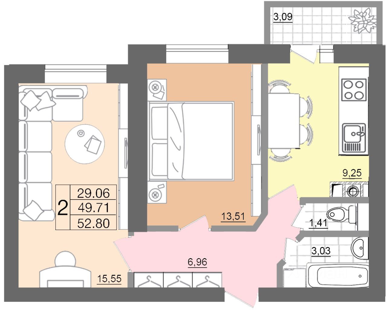 Купить двухкомнатную квартиру 52,8м² Вяземская ул., Смоленск, Смоленская  область - база ЦИАН, объявление 302454570